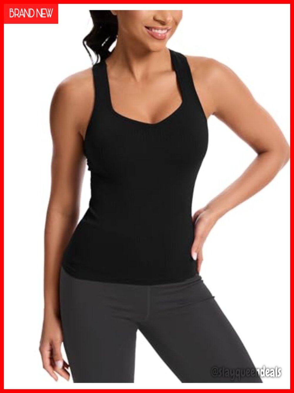 Ribbed Seamless Workout Tank Top with Built in Bra V-Neck Racerback Yoga Gym